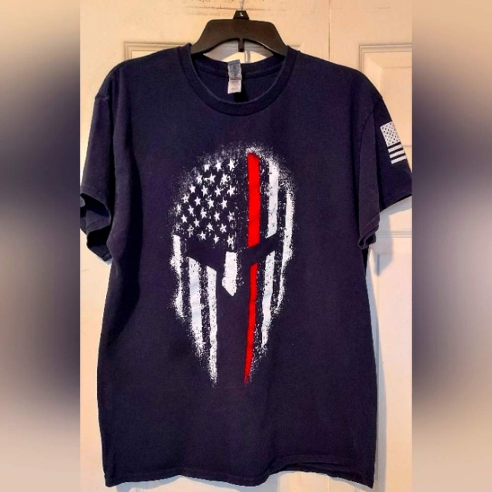 Gildan Mens Large Tee Shirt American Spartan Black Flag Patriotic Military USA